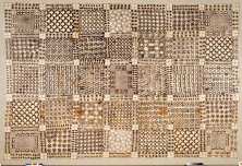 Cloth wrapper (adinkra) belonging to King Prempeh I. Asante peoples, Ghana, ca. 1896. Imported cotton cloth, black pigment. 210.8 x 302.3 cm. Museum purchase. National Museum of African Art, 83-3-8.  Photograph by Franko Khoury